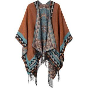 Women's Printed Tassel Open Front Poncho Cape Cardigan Wrap Shawl